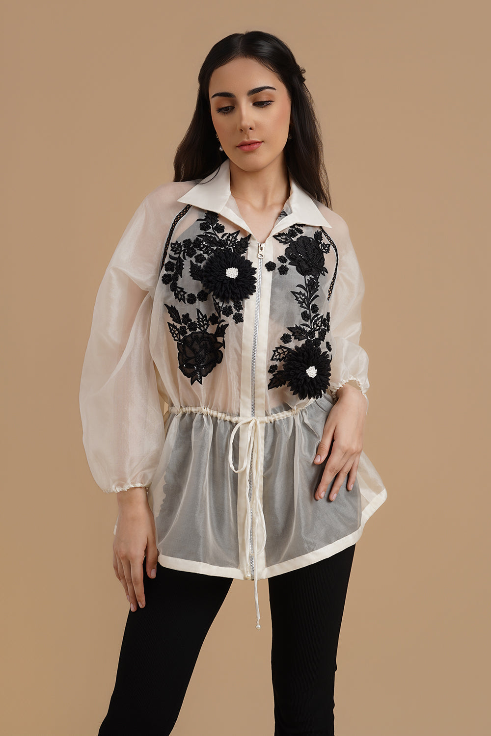 3D and Applique Embroidered Organza Shirt