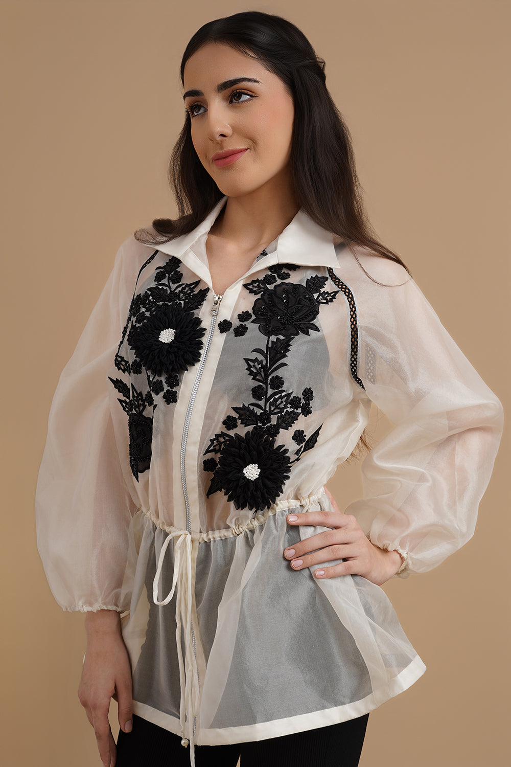 3D and Applique Embroidered Organza Shirt