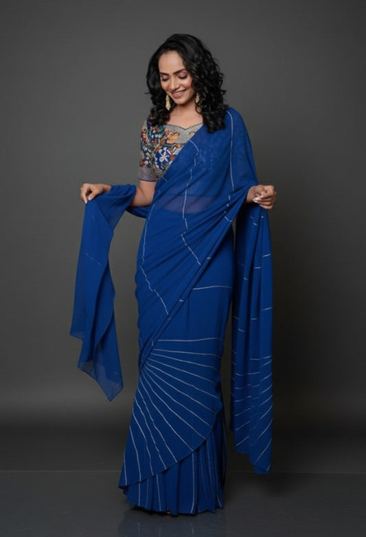 Blue kali saree with embroidered blouse
