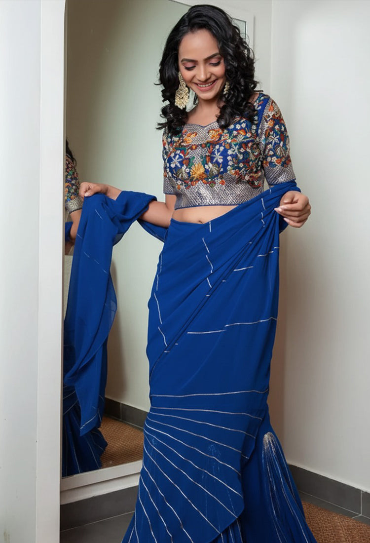 Blue kali saree with embroidered blouse
