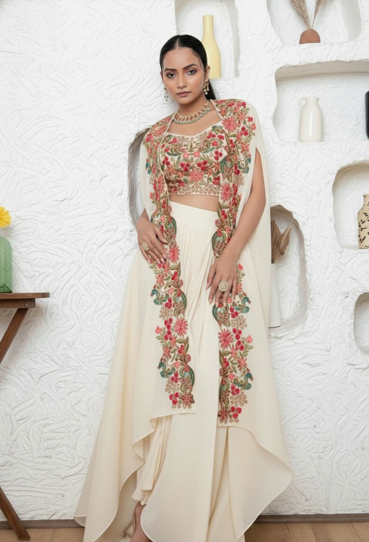 Cream Drape Skirt With Blouse And Cape