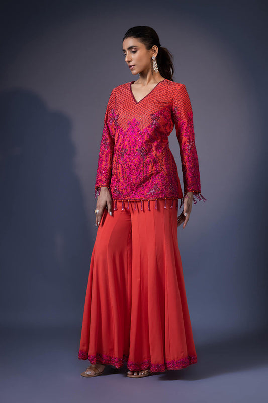 Embroidered Short Kurta With Kali Flared Pants