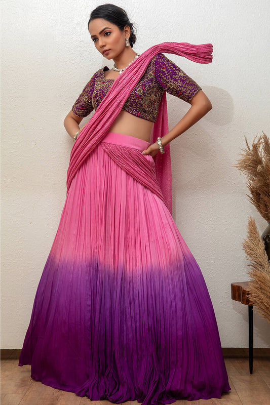 Lehnga With Attached Dupatta And Hand Embroidered Blouse