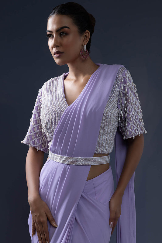 Pre Draped Saree with Embroidered Belt and Blouse