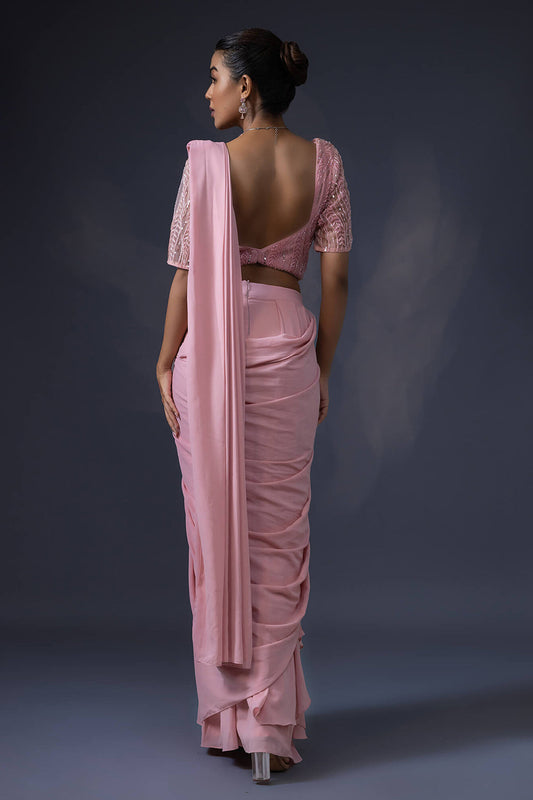 Pre Draped Saree with Embroidered Blouse