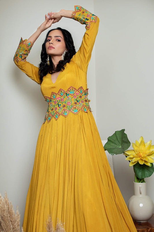 Rouched Gown with Embroidered Belt and Dupatta