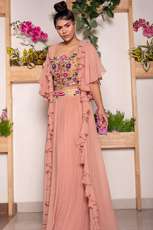 Rouched Skirt with Embroidered Belt and Blouse Paired with Ruffled Cape