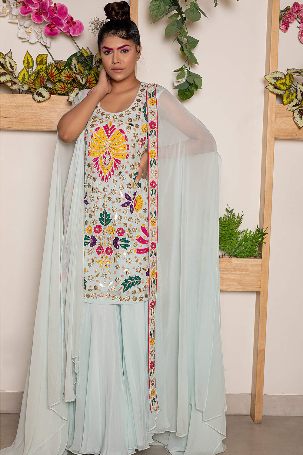 Sharara with Embroidered Skirt and Cape
