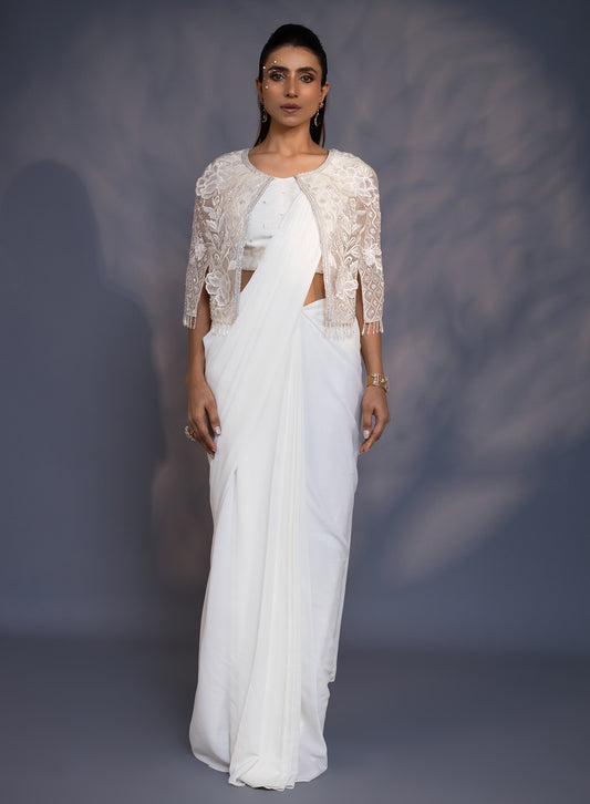 3D Embroidered Cape With Draped Saree And Blouse
