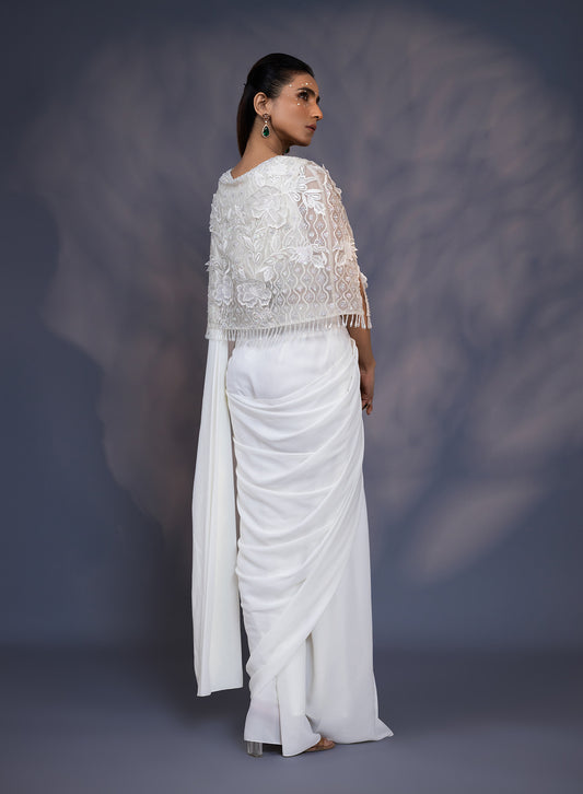 3D Embroidered Cape With Draped Saree And Blouse
