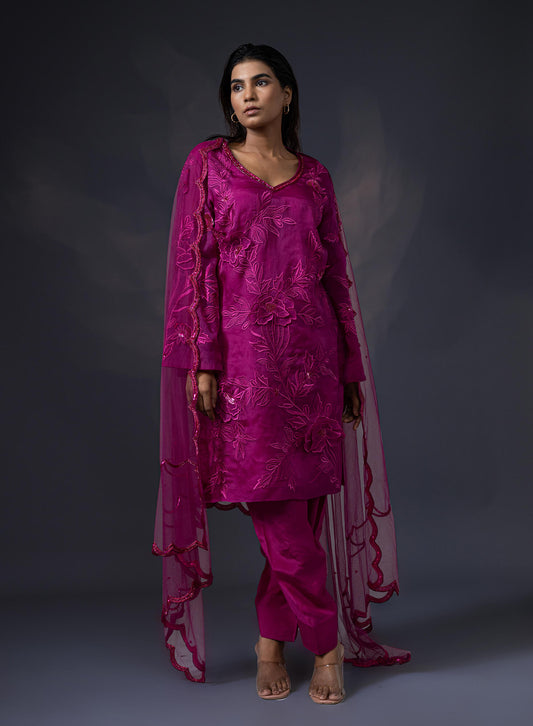 3D Embroidered Kurta With Straight Salwar And Dupatta