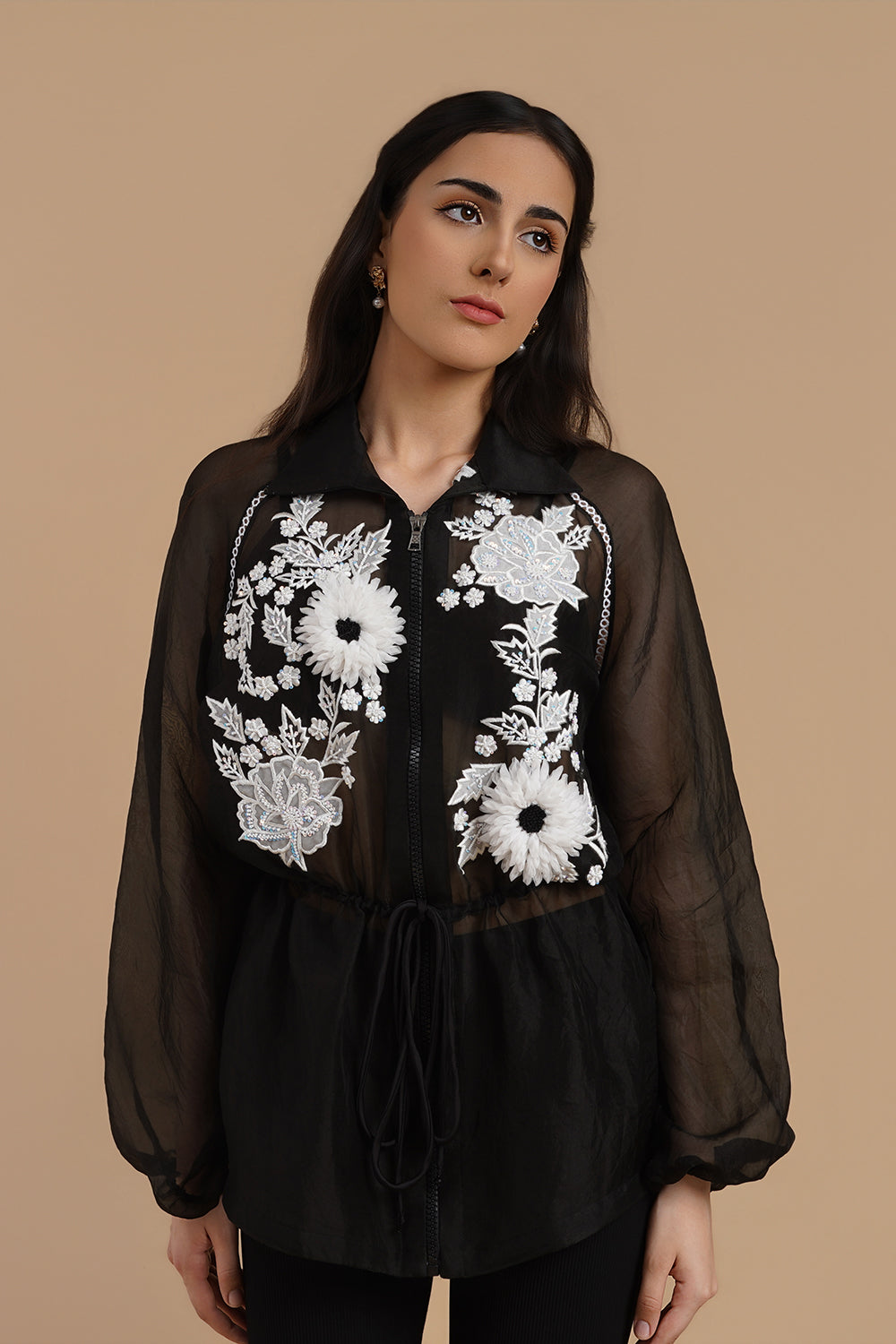 3D and Applique Embroidered Organza Shirt