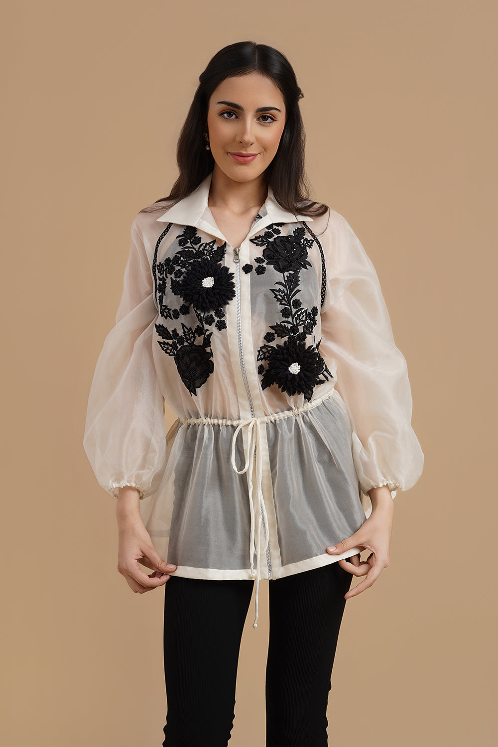 3D and Applique Embroidered Organza Shirt