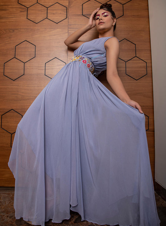 Assymetrical Gown with Hand Embroidered Belt