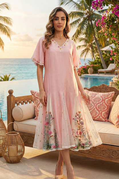 Flared Dress With Embroidery On Panels