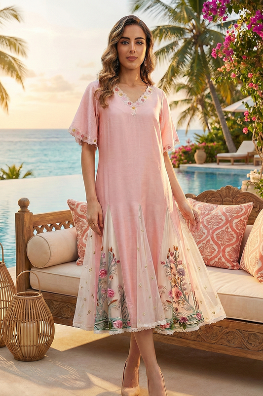 Flared Dress With Embroidery On Panels