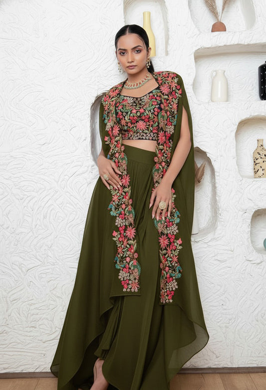 Olive Green Drape Skirt With Blouse And Cape