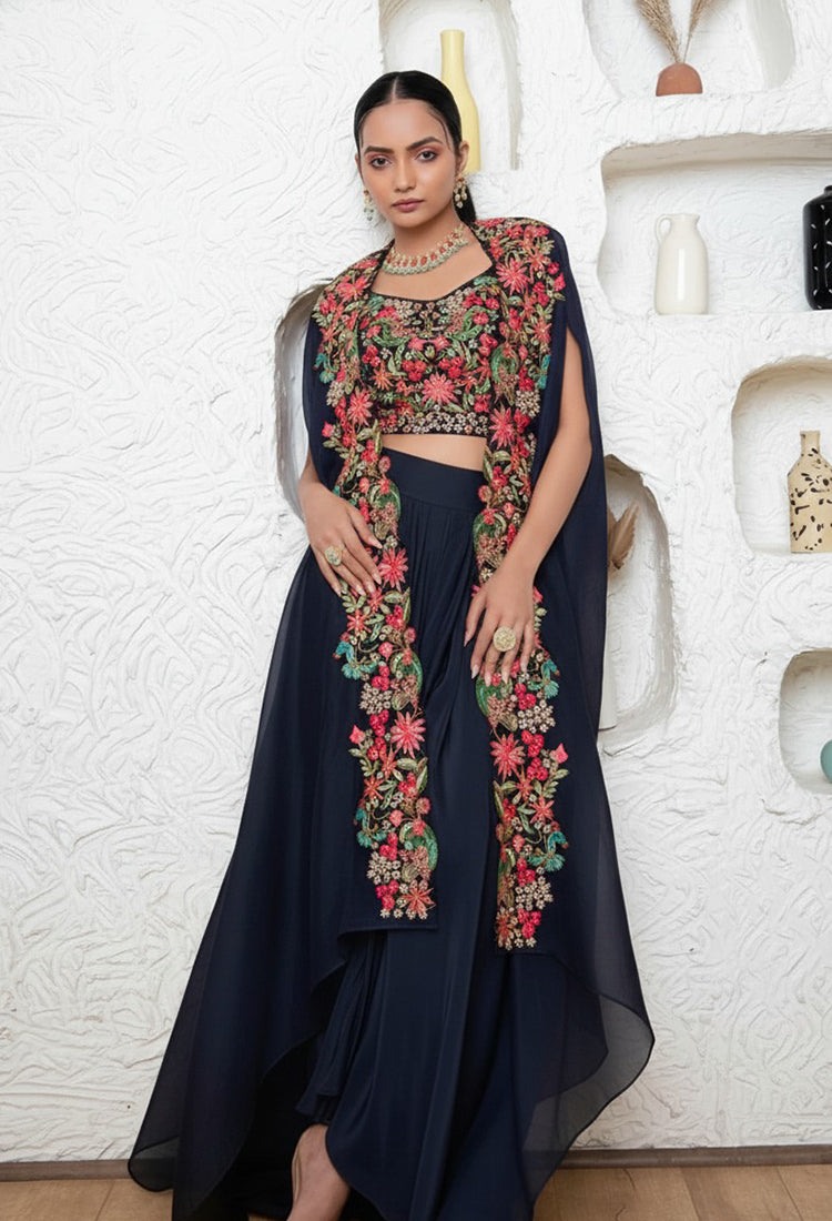 Navy Blue  Drape Skirt With Blouse And Cape (Copy)