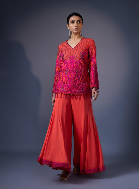 Embroidered Short Kurta With Kali Flared Pants
