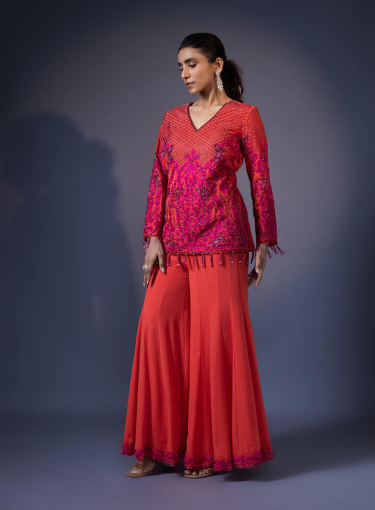 Embroidered Short Kurta With Kali Flared Pants