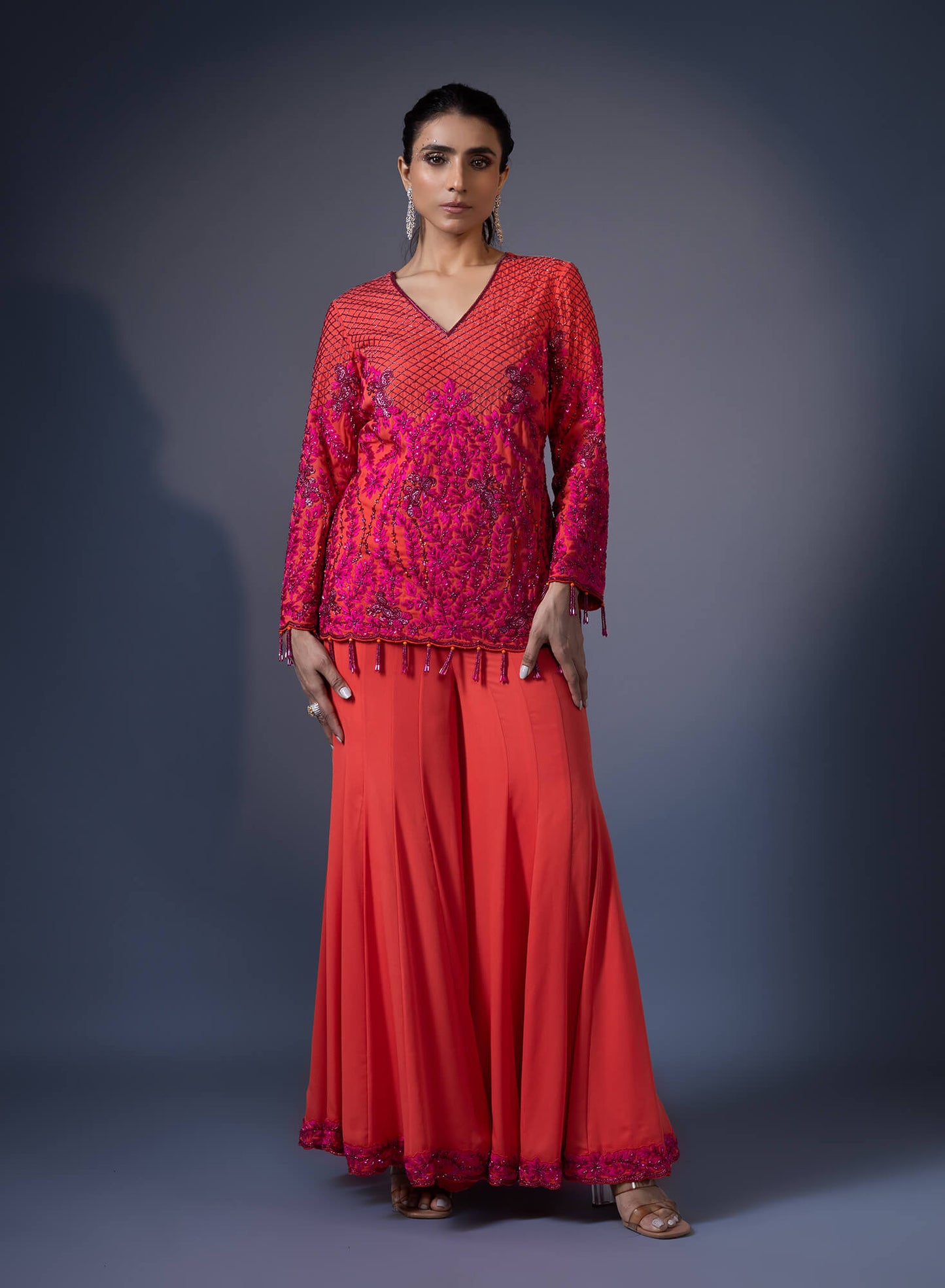 Embroidered Short Kurta With Kali Flared Pants