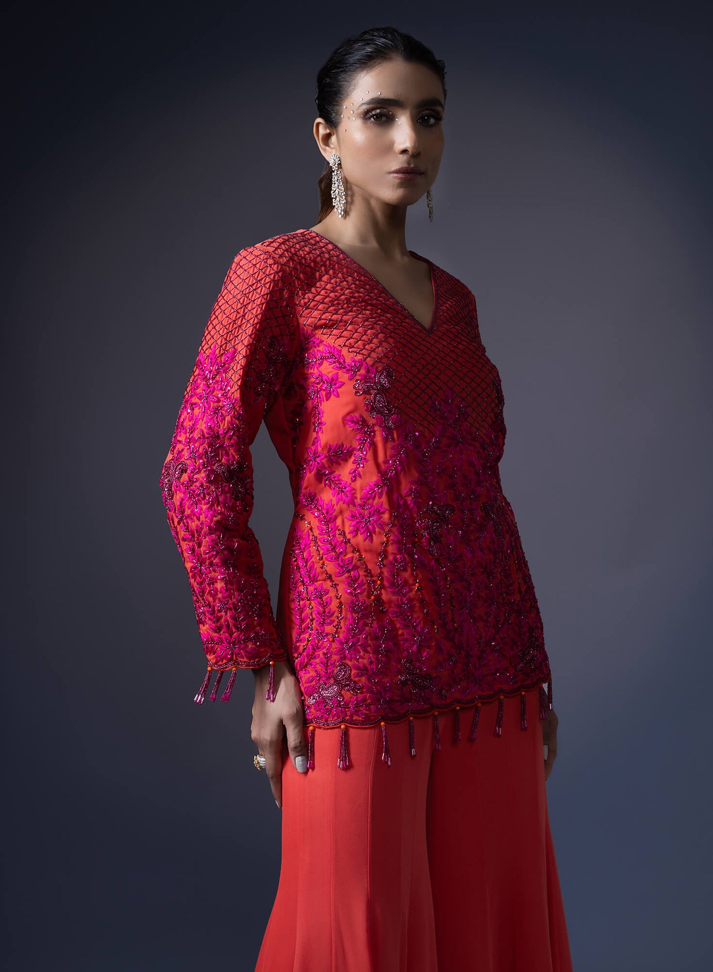 Embroidered Short Kurta With Kali Flared Pants
