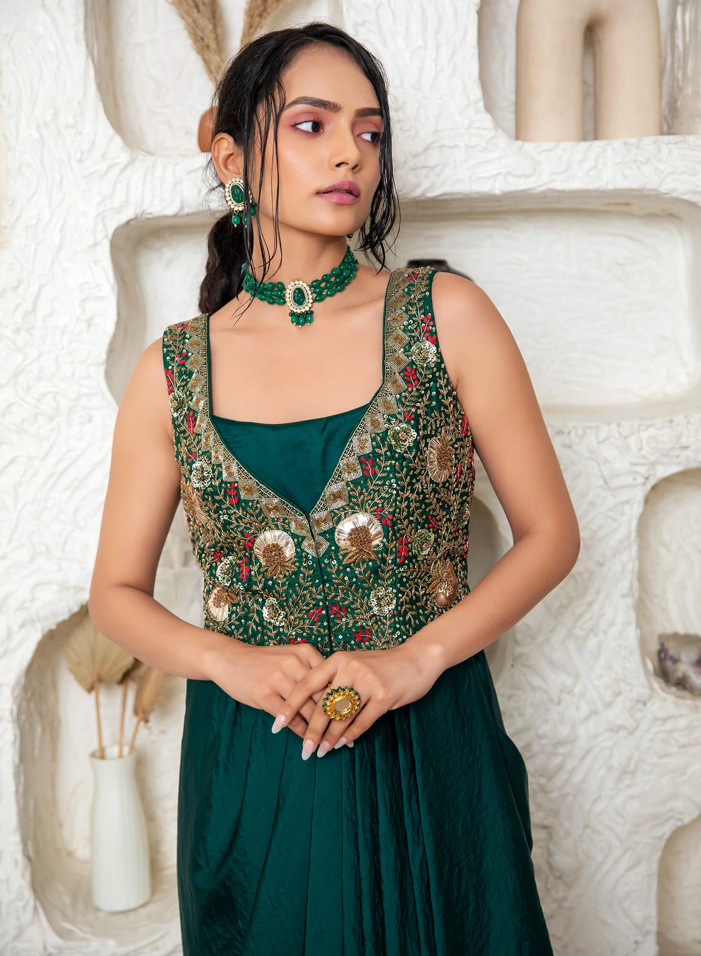 Drape Gown With Embroidered Jacket