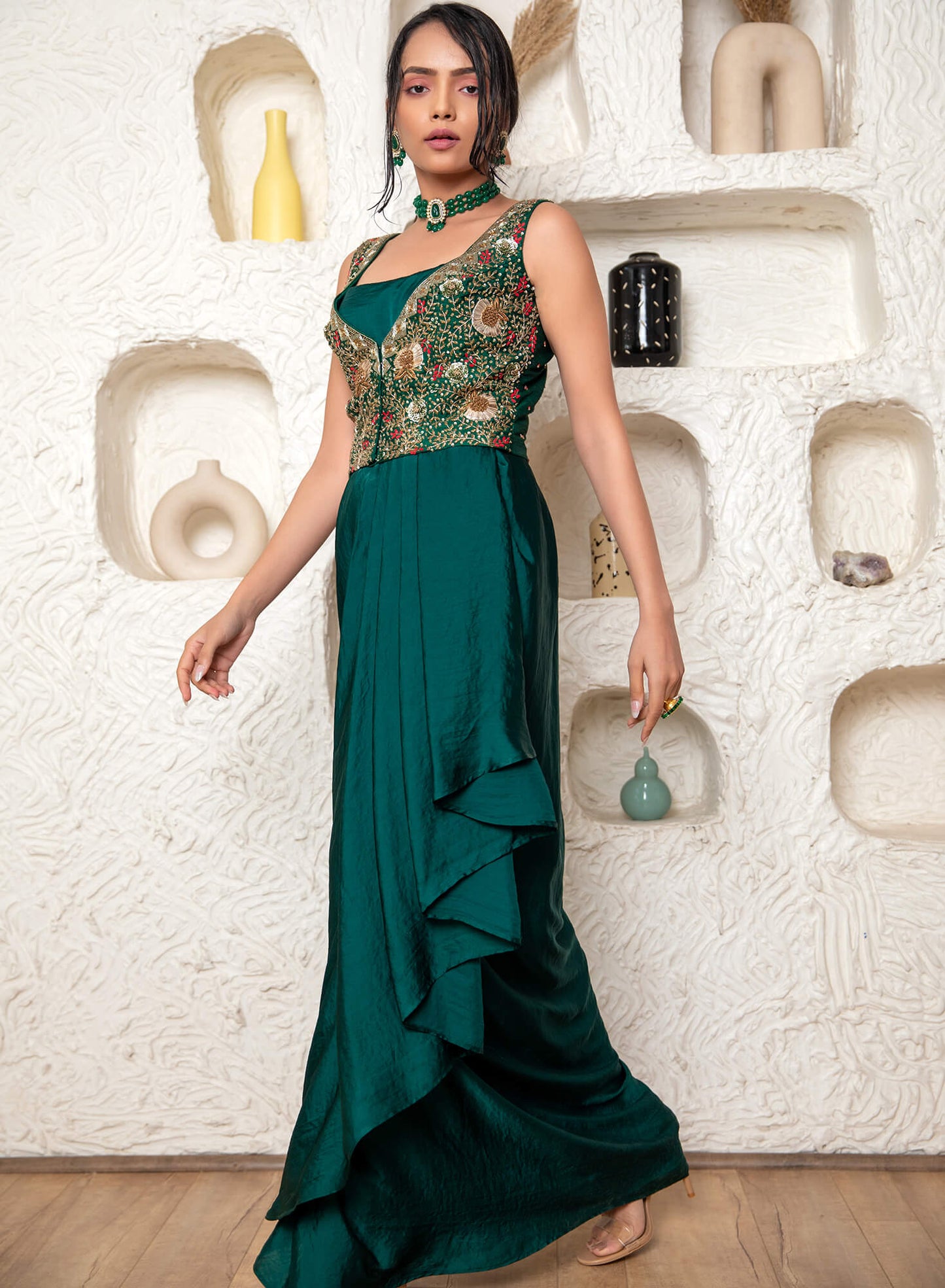 Drape Gown With Embroidered Jacket