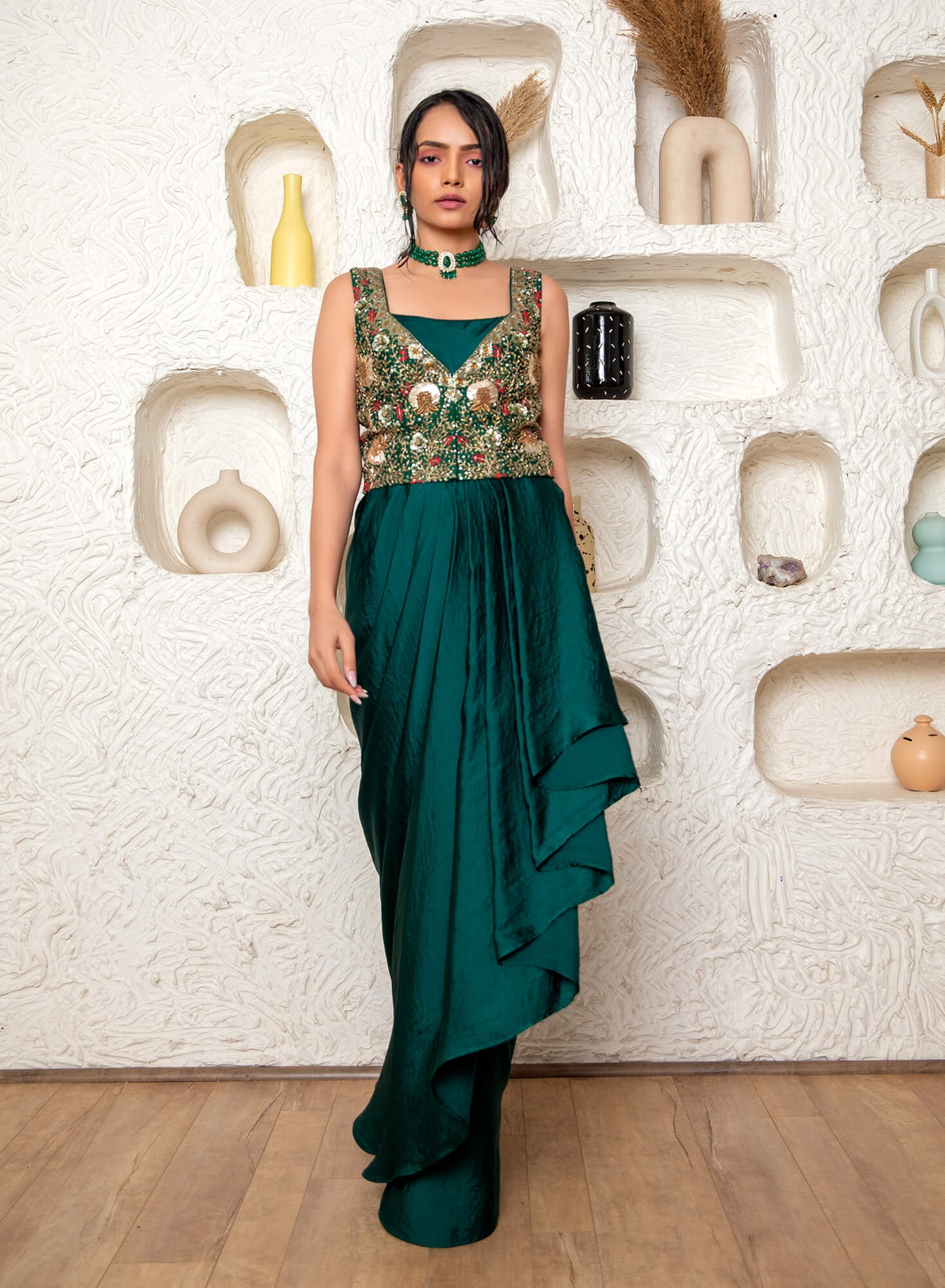 Drape Gown With Embroidered Jacket