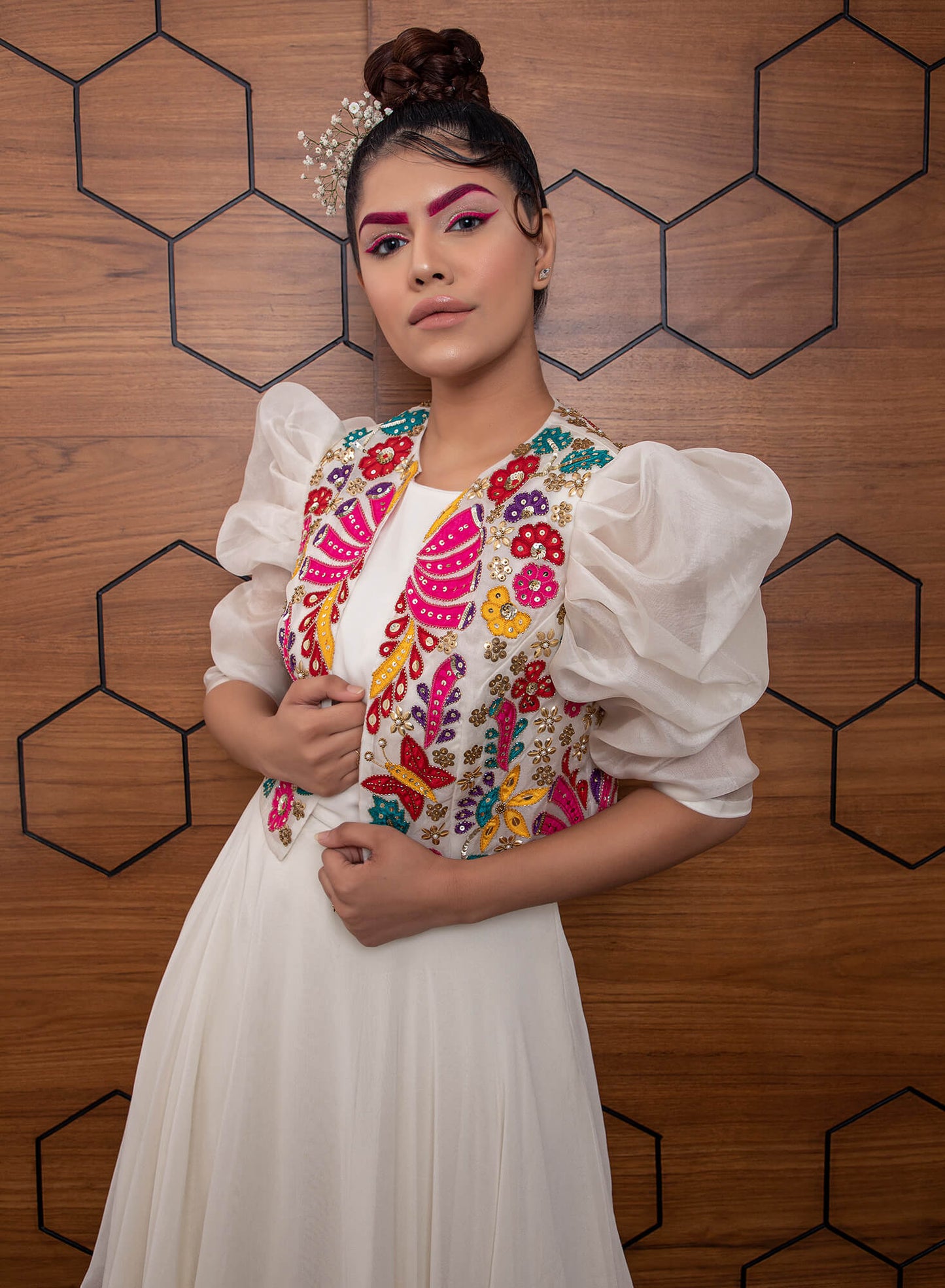 Multi-Layer Assymetrical Gown with Flare Pants and Embroidered Jacket