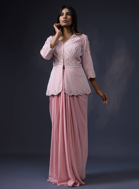 Pearl Embroidered Jacket With Drape Skirt