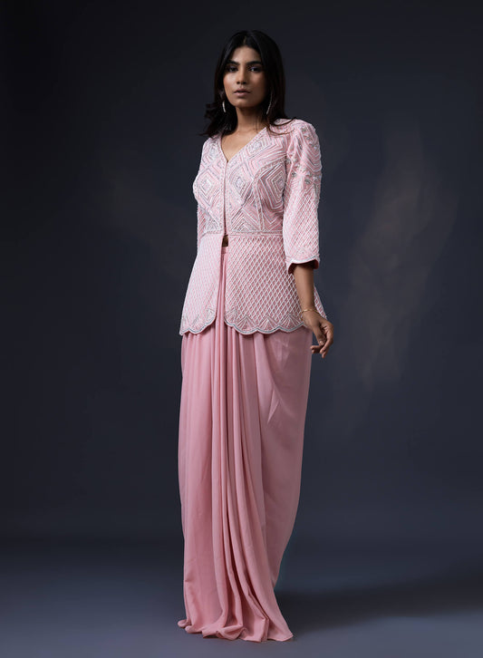 Pearl Embroidered Jacket With Drape Skirt