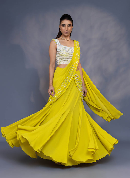 Pre draped kali saree with embroidered blouse