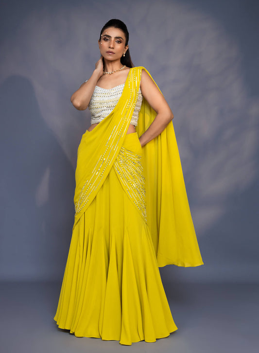 Pre draped kali saree with embroidered blouse