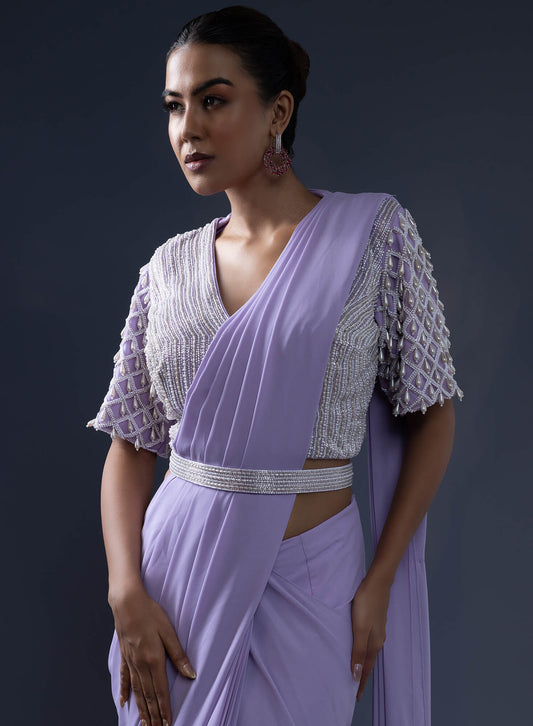 Pre Draped Saree with Embroidered Belt and Blouse