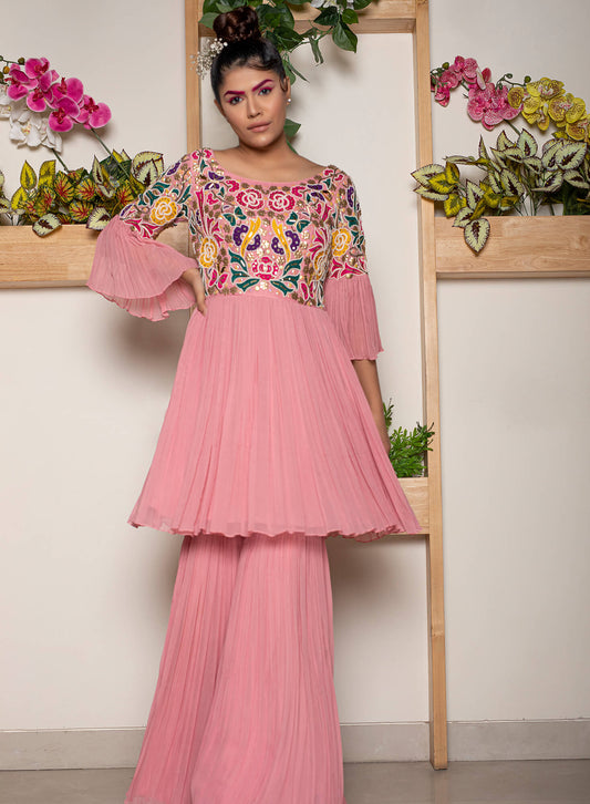 Rouched Garara Pants with Rouched Flare Top and Net Dupatta