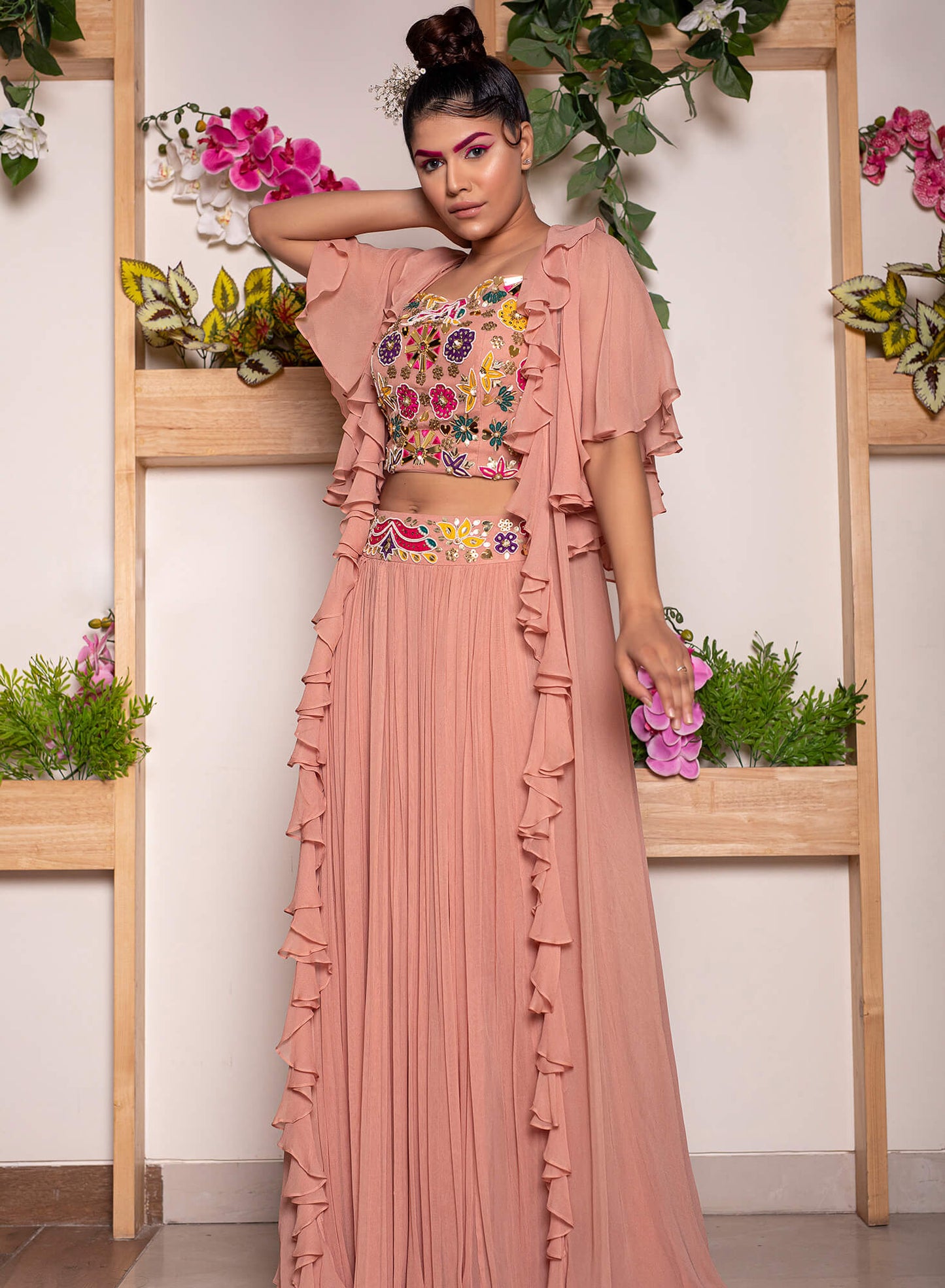 Rouched Skirt with Embroidered Belt and Blouse Paired with Ruffled Cape