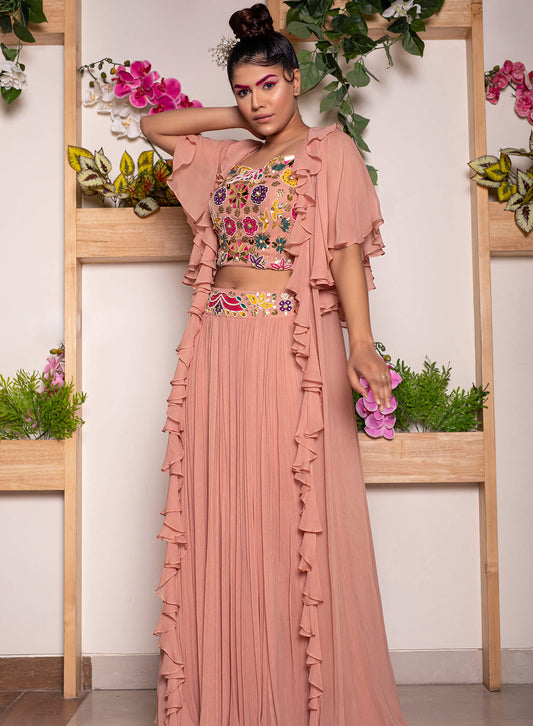 Rouched Skirt with Embroidered Belt and Blouse Paired with Ruffled Cape