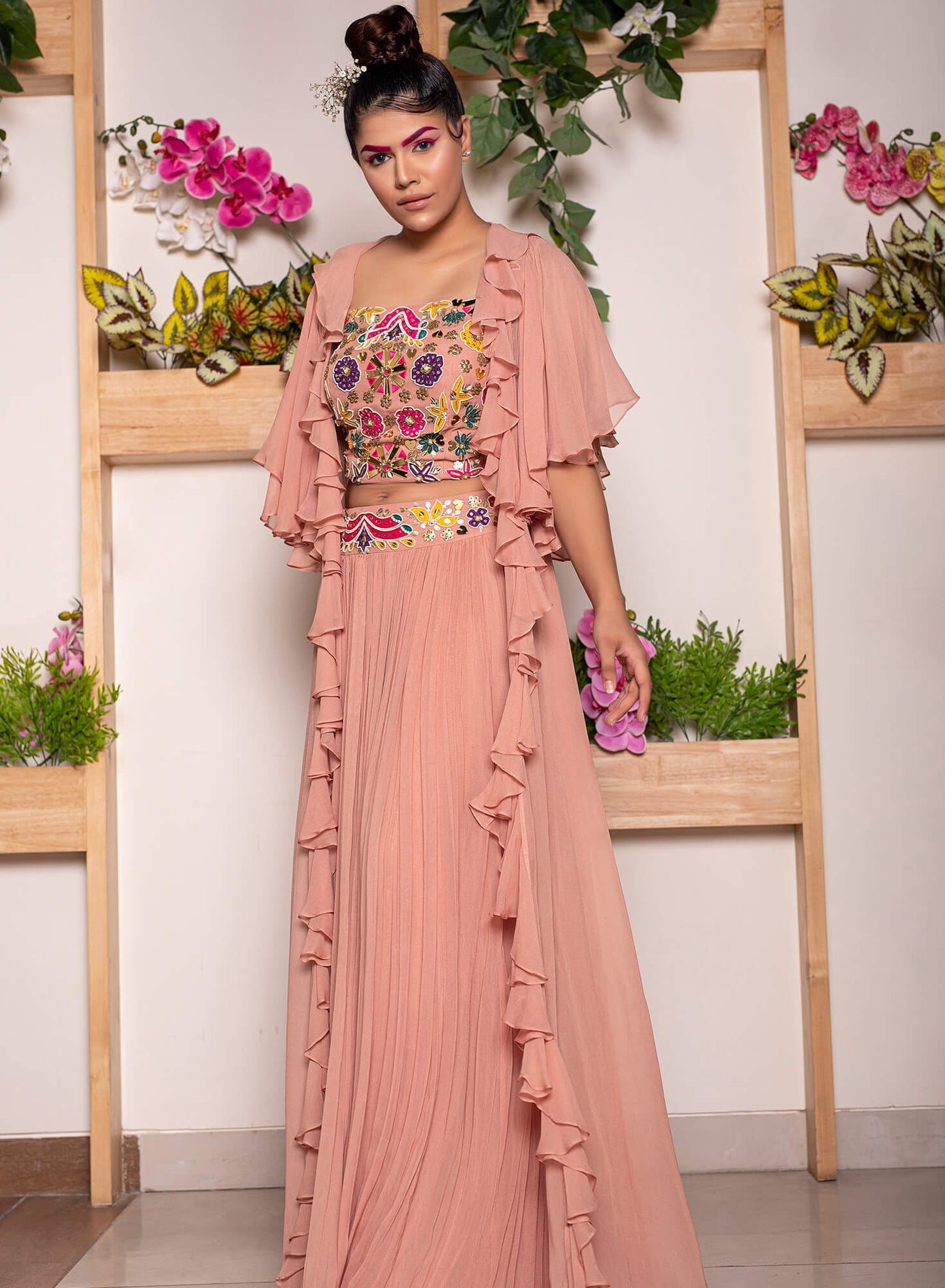 Rouched Skirt with Embroidered Belt and Blouse Paired with Ruffled Cape