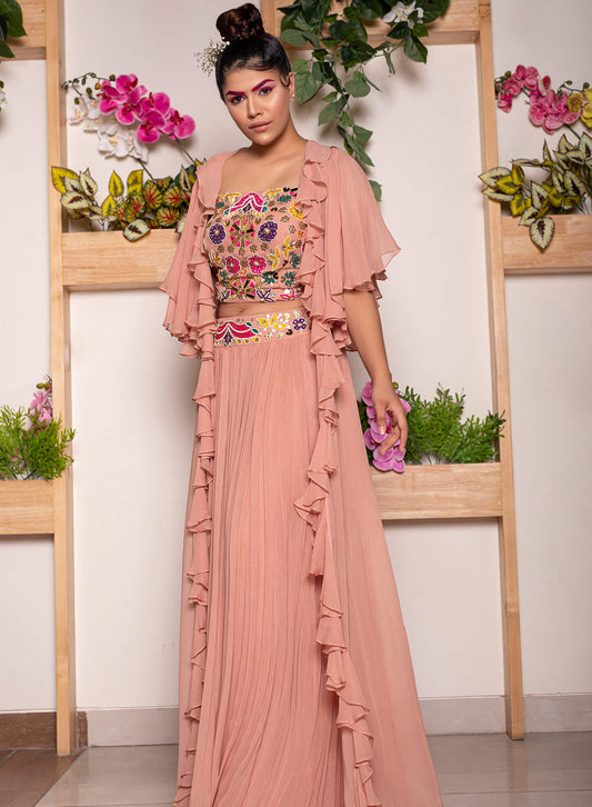 Rouched Skirt with Embroidered Belt and Blouse Paired with Ruffled Cape