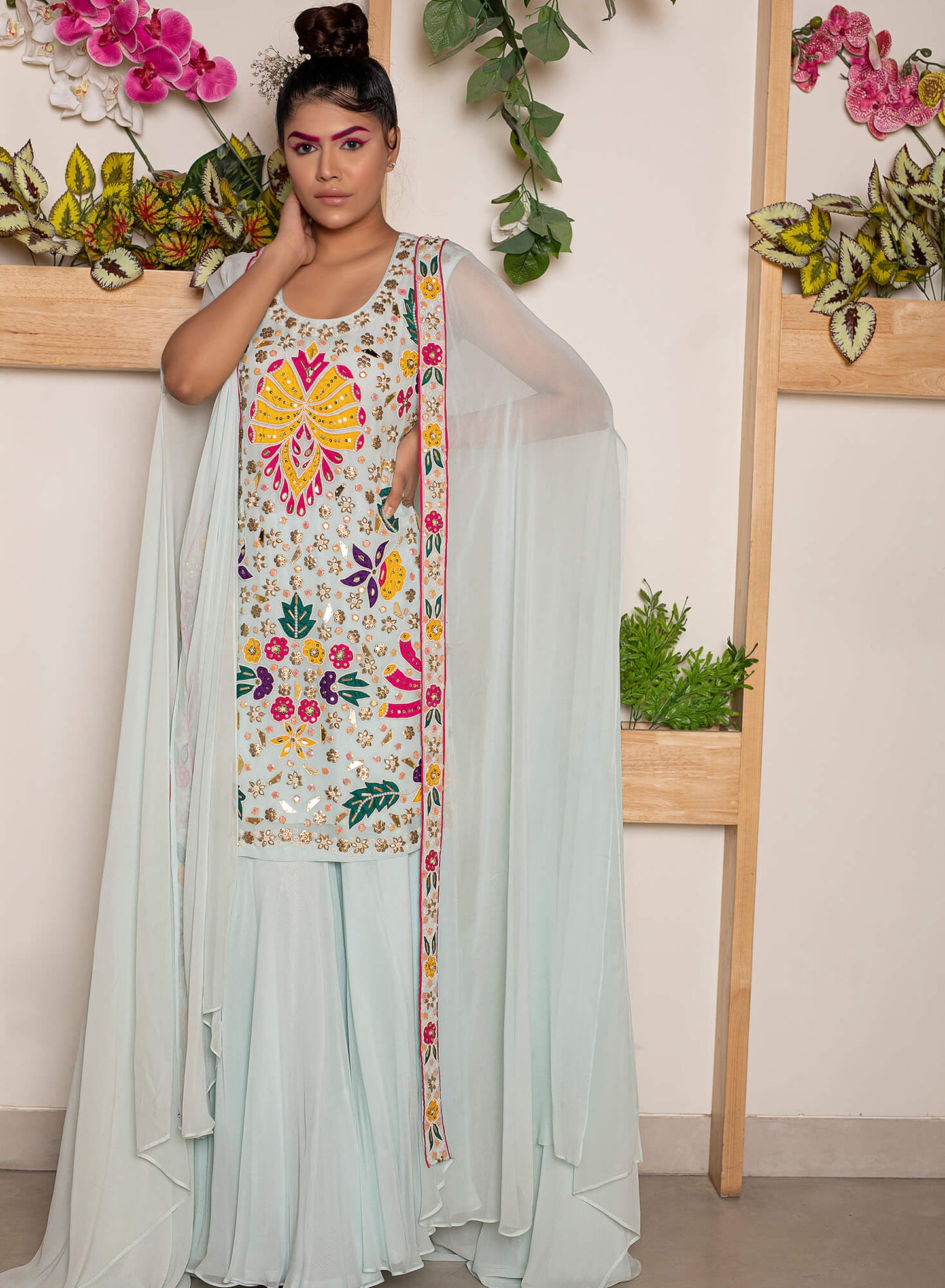 Sharara With Embroidered Skirt And Cape