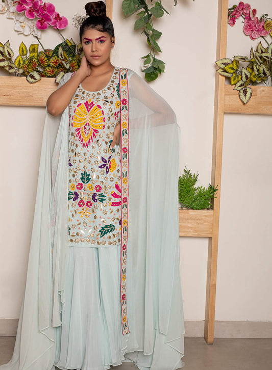 Sharara With Embroidered Skirt And Cape