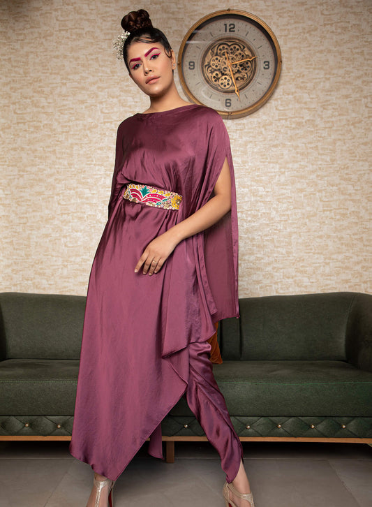 Tulip Pants with Asymmetrical Kaftan and Hand Embroidered Tye-Up Belt