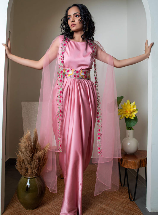 Drape Gown With Belt And Cape