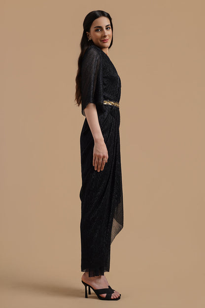 Drape Gown Dress With Embroidered Belt