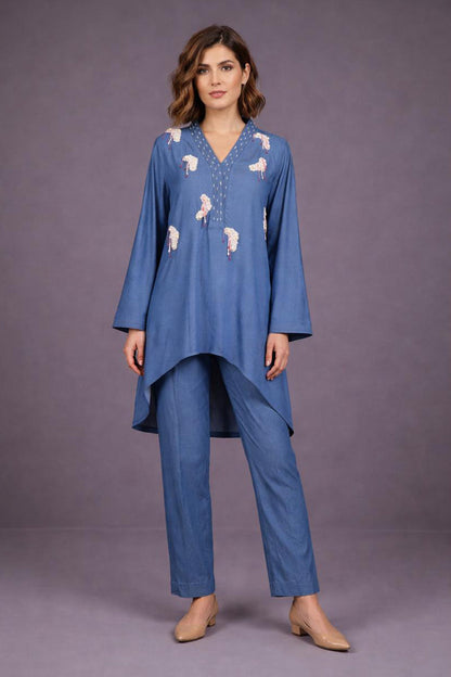 Embroidered Co-Ord Set With White  Hanging Pearl Tassle