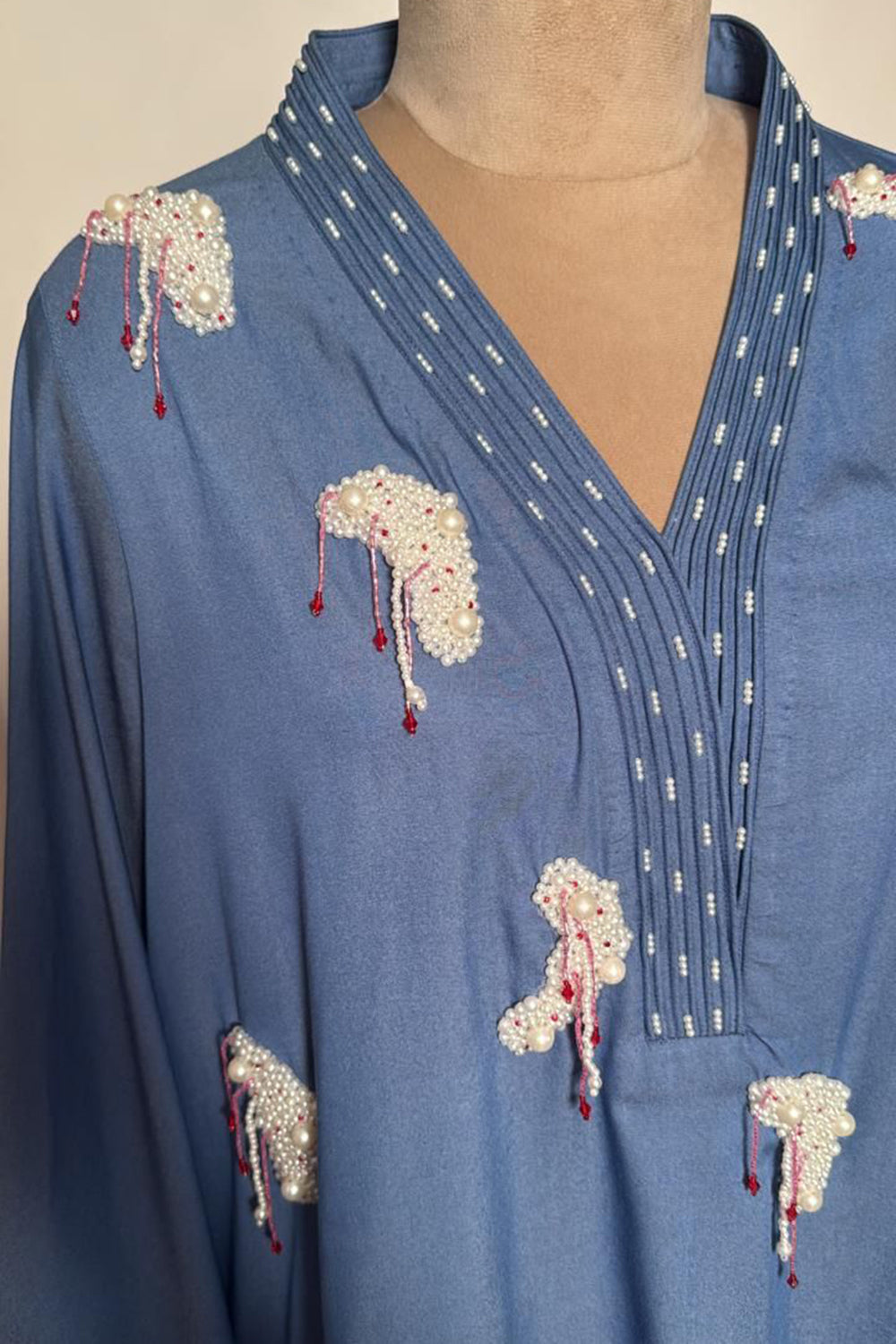 Embroidered Co-Ord Set With White  Hanging Pearl Tassle