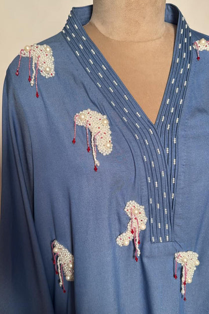 Embroidered Co-Ord Set With White  Hanging Pearl Tassle