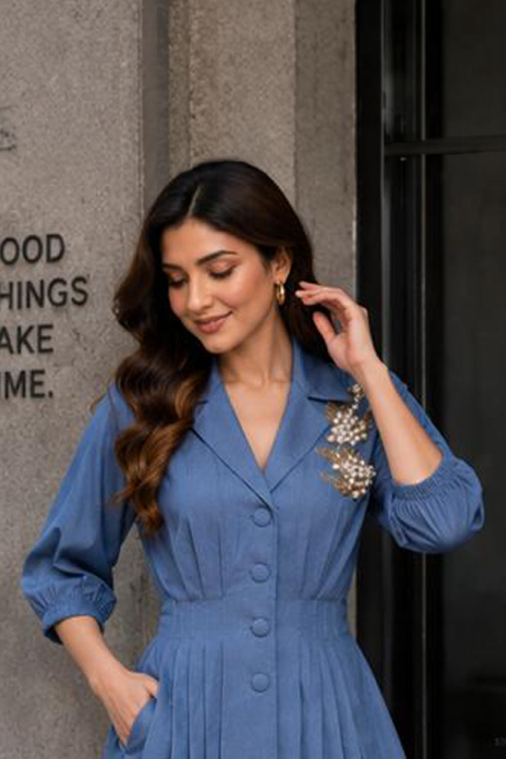 Embroidered denim co-ord set with pearl embroidery