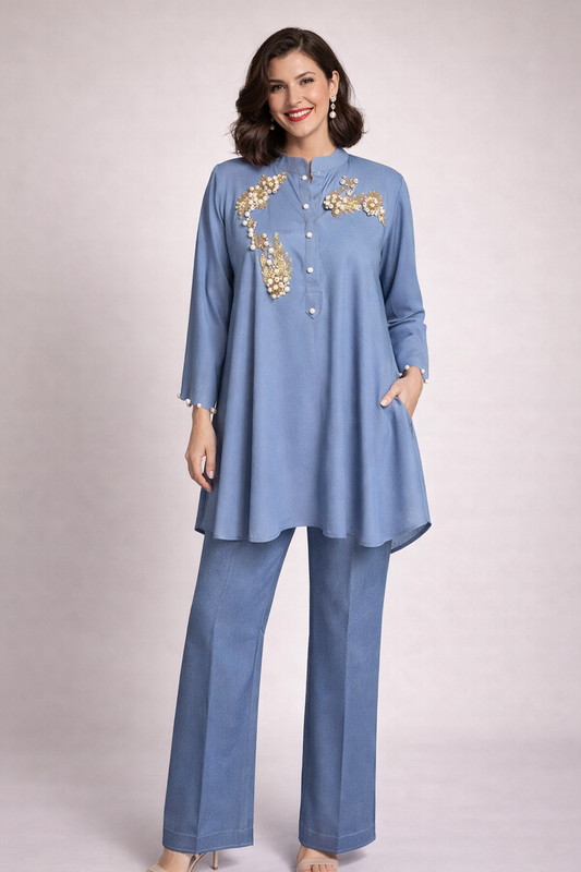 Embroidered Denim Kurta Paired With Denim Pants